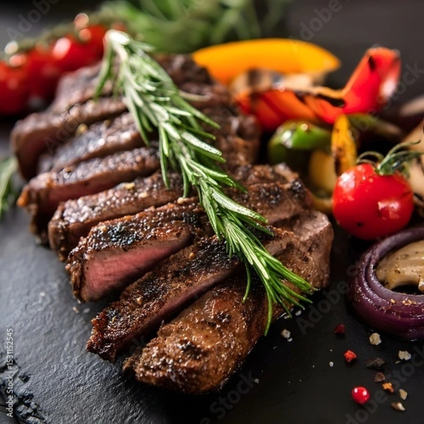 Obraz Sliced ​​grilled steak resting on rosemary sprig with vegetables