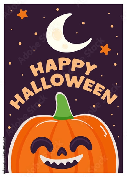 Fototapeta Happy Halloween card with smiling pumpkin, crescent moon and stars on dark background. Halloween design with pumpkin for party, greeting card, decoration. Cute Halloween vector illustration.