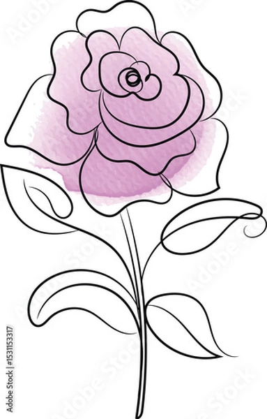 Obraz Elegant Rose Illustration with Watercolor Texture Featuring a Single Line Drawing Style with a Delicate Pink Wash on a White Background Perfect for Design Elements