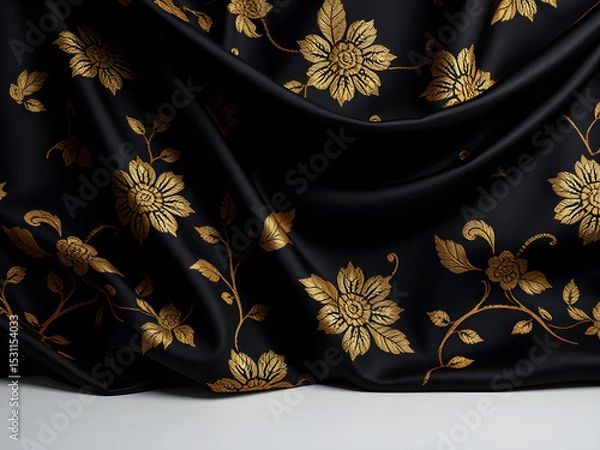 Obraz Luxurious black fabric with gold floral embroidery, elegant abstract texture. Opulence and sophistication in intricate design.