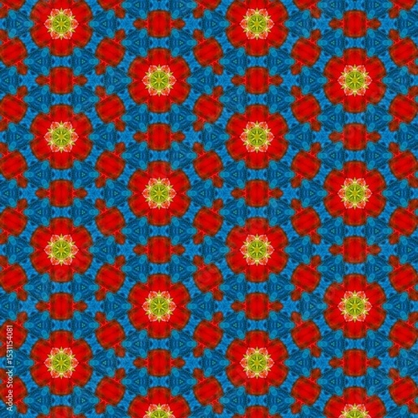 Obraz Seamless kaleidoscope floral pattern vivid red and green flowers on blue design for fabric, wallpaper, and backgrounds