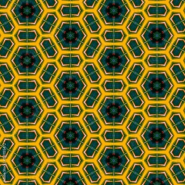 Fototapeta Seamless kaleidoscope floral pattern geometric floral shapes in yellow and green design for fabric, wallpaper, and backgrounds