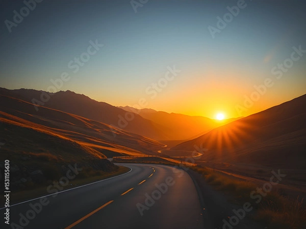 Obraz Winding mountain road at sunset, golden hills stretching afar, a journey through serene landscapes.