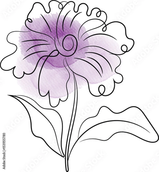 Obraz Elegant Floral Illustration with Watercolor Accent Featuring a Delicate Line Drawing of a Flower with a Soft Purple Watercolor Wash on a Clean White Background