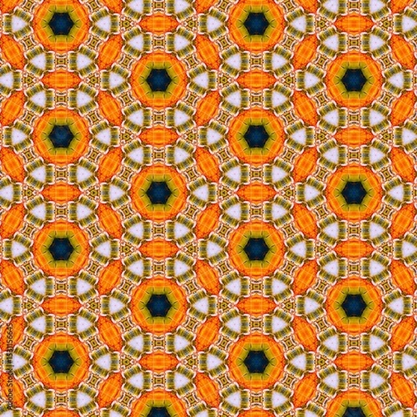 Fototapeta Seamless kaleidoscope floral pattern intricate orange and white floral design for fabric, wallpaper, and backgrounds