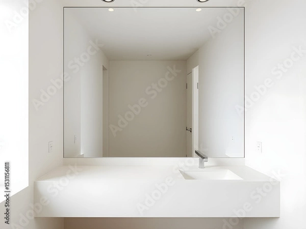Obraz Minimalist bathroom with clean lines and neutral tones, empty counter space, soft lighting - simplicity and modern elegance