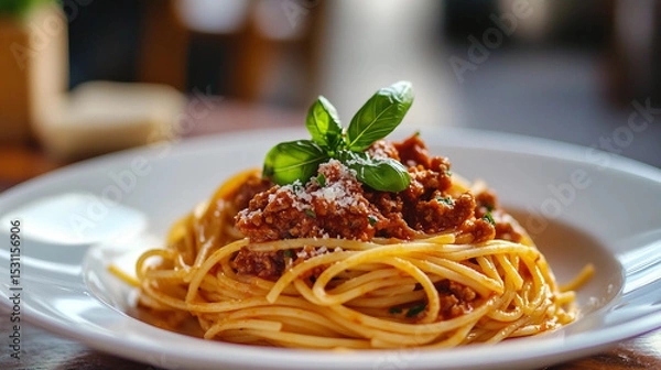 Fototapeta Spaghetti Bolognese served on a white plate, garnished with basil and grated cheese, deliciously inviting
