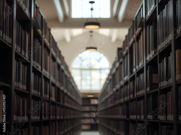 Fototapeta A library with receding bookshelves bathed in soft light, symbolizing the endless pursuit of knowledge.