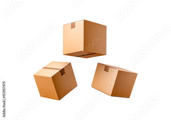 Fototapeta Three floating cardboard boxes on transparent background, PNG
