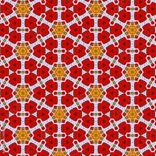 Fototapeta Seamless kaleidoscope floral pattern red and gold geometric floral design for fabric, wallpaper, and backgrounds