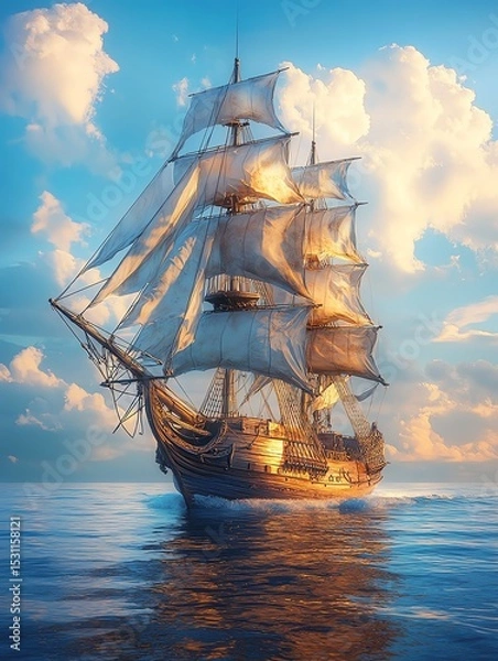Obraz Majestic sailing ship at sunset, ocean voyage.