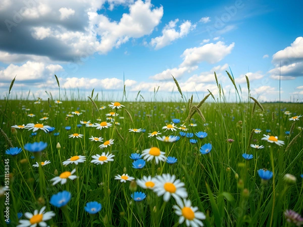 Obraz Meadow flowers with chamomile and wild peas under blue sky, a serene pastoral scene of natural beauty