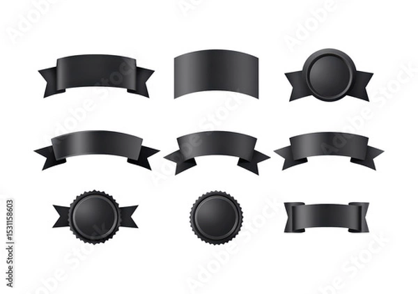 Fototapeta Set of black ribbon banners and badges with circular and rectangular designs on transparent background, PNG