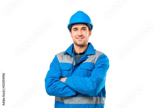 Fototapeta Confident construction worker in blue safety gear with helmet isolated on transparent background, PNG