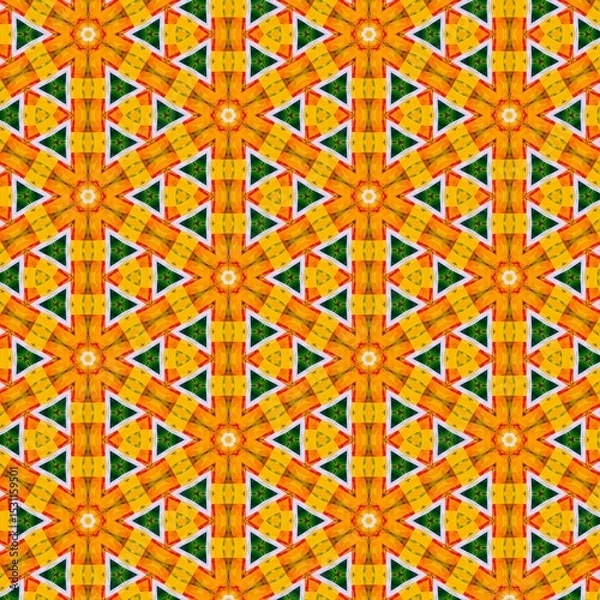 Fototapeta Seamless kaleidoscope floral pattern vibrant yellow and green geometric design for fabric, wallpaper, and backgrounds