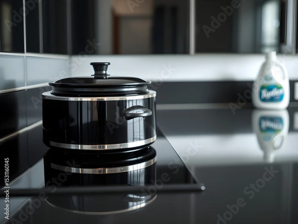 Obraz Clean kitchen countertop with electric cooker and detergent bottle, showcasing modern simplicity and efficiency.