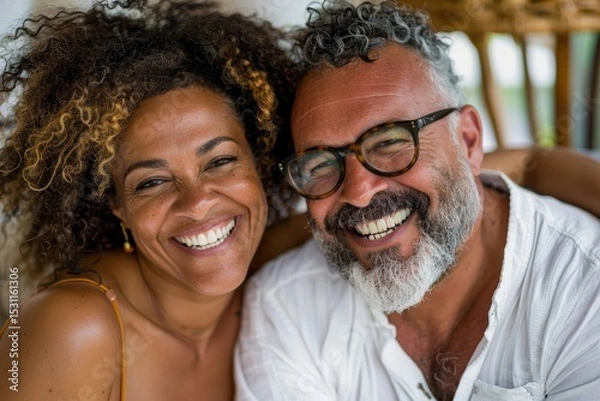Fototapeta Portrait of a joyful mixed race couple in their 40s celebrating anniversary