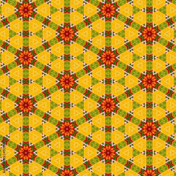 Fototapeta Seamless kaleidoscope floral pattern vibrant red and green floral kaleidoscope design for fabric, wallpaper, and backgrounds