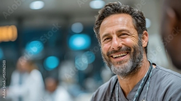 Fototapeta Smiling Middle Aged Doctor in Gray Scrubs