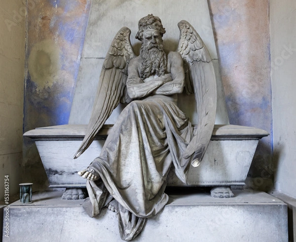 Fototapeta Old angel statue sitting on a tomb in contemplation. Memory and nostalgia.