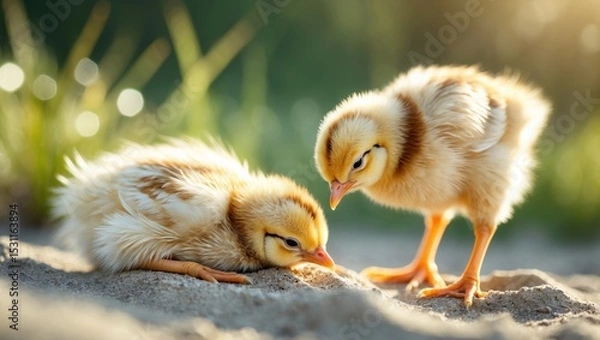 Obraz A baby bantam chick is resting on wood while another chick is consuming some food.