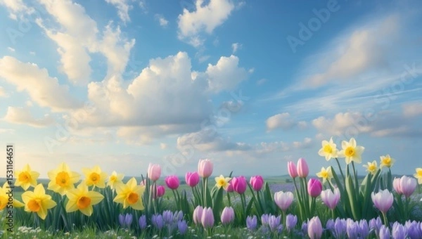 Obraz A stunning sky above a field of spring flowers.