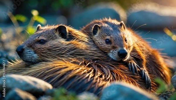 Obraz A beaver enjoying a calming nap rests its head on a furry friend serving as a soft, warm pillow.