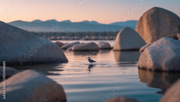 Obraz A stunning scene of sunrise over San Francisco Bay featuring a duck and rocks in the foreground.