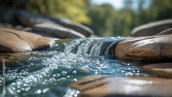 Obraz Close-up of crystal-clear water moving over smooth rocks in a peaceful natural environment. Ideal for depicting serenity, fresh water, and the intricate beauty of nature.