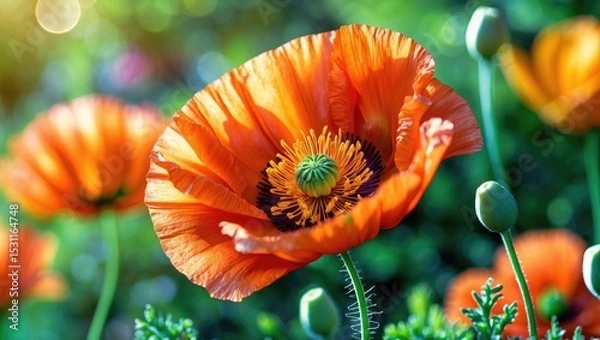 Obraz A stunning sunlit red poppy on a bright April day at Flower Island Mainau in Germany.