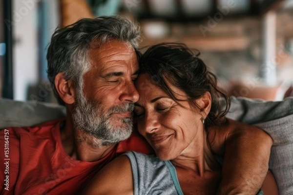 Fototapeta Portrait of a blissful couple in their 40s relaxing and enjoying each other's company