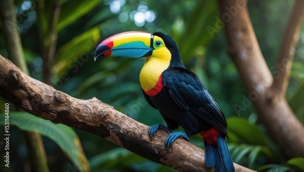Fototapeta A stunning Rainbow toucan bird with a large colorful beak is perched on a tree.