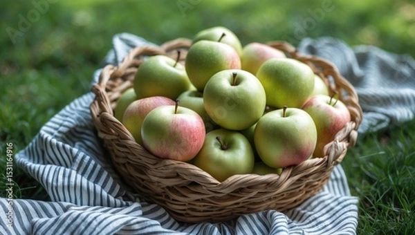 Obraz A basket containing ripe, pinkish-green apples sits on a vibrant green lawn, partly draped with a striped cloth.
