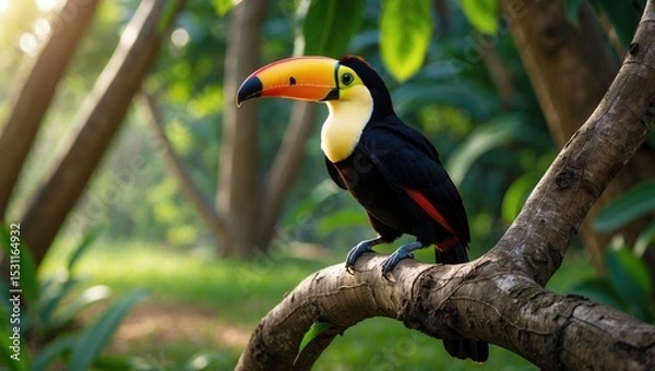 Obraz A stunning image of a toucan perched on a branch amidst the grass in Serengeti Ngorongoro parks in Tanzania