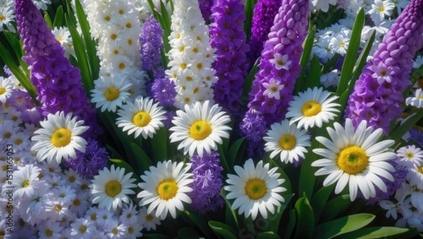 Obraz Close-up of stunning spring flowers in full bloom: white daisies and purple hyacinths within a lush garden, forming a vibrant floral arrangement that produces natural contrast.