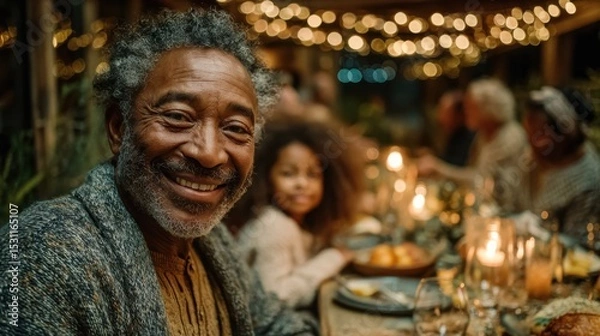 Fototapeta Smiling Senior Man at a Warmly Lit Family Dinner