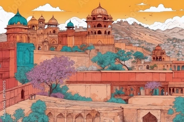 Obraz Vibrant sunset over a historic fort with colorful architecture in Rajasthan, India