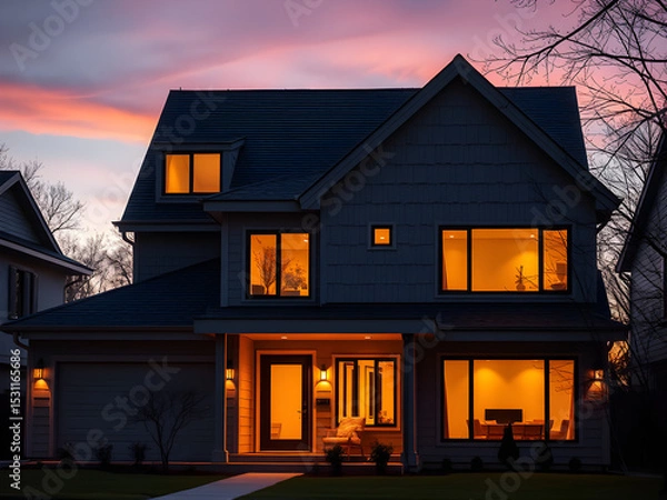 Obraz Modern home glowing at dusk, warmth and comfort in twilight.