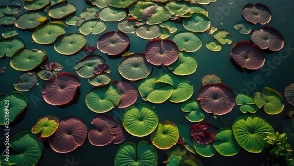Fototapeta Beautiful waterlily leaf with brown splash floating in a water garden scene