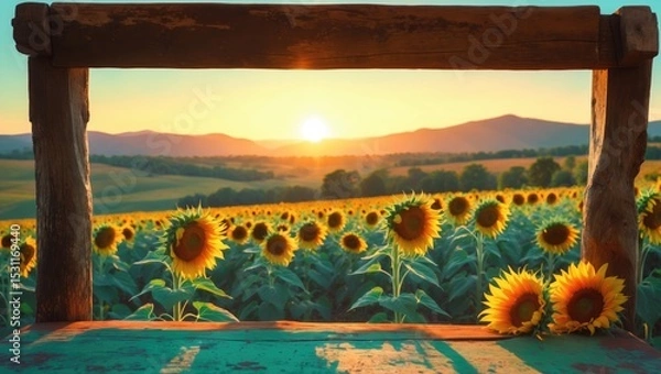 Fototapeta Beautiful sunflower field as background with wooden desk and copy space for product advertisement display