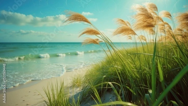 Fototapeta Beautiful sunny day at a white sand beach with sparkling Gulf of Mexico waters in Pensacola, Florida with ripe seasonal sea oats blowing in the breeze