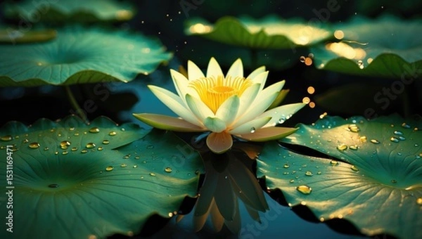 Fototapeta Beautiful white lotus flower with water droplets on the petals blooming in the pond surrounded by green lotus leaves.