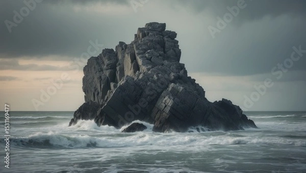 Fototapeta Beautiful image of ocean water surrounding a rock formation beneath a gloomy sky.