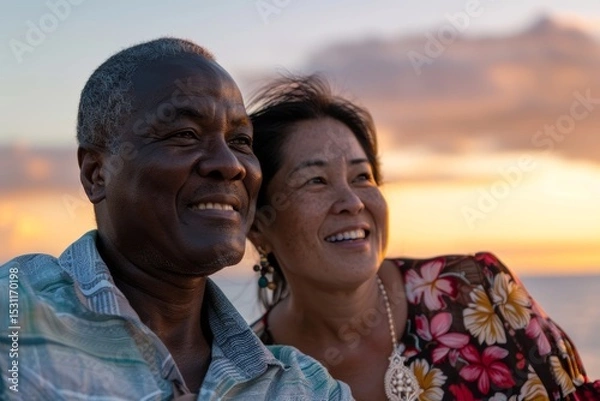 Fototapeta Portrait of a grinning multicultural couple in their 40s watching the sunset