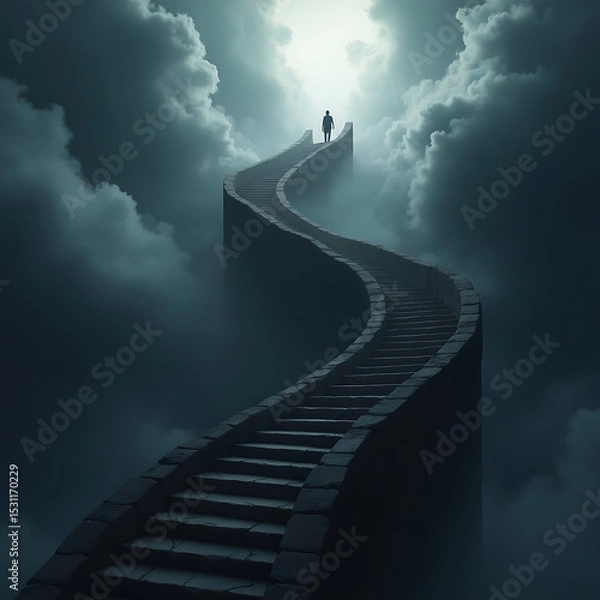Obraz Lone Figure on a Winding Stairway to the Light Through Clouds