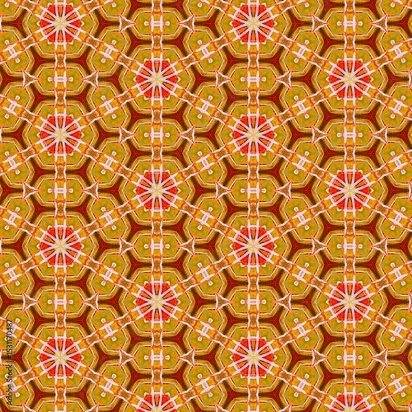 Fototapeta Seamless kaleidoscope floral pattern geometric flowers with red and gold hues, design for fabric, wallpaper, and backgrounds
