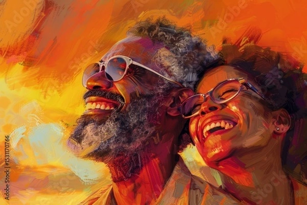 Fototapeta Portrait of a grinning multicultural couple in their 40s watching the sunset