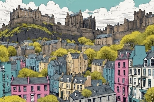 Obraz Vibrant cityscape of historical Edinburgh with colorful houses and castle backdrop under a bright sky