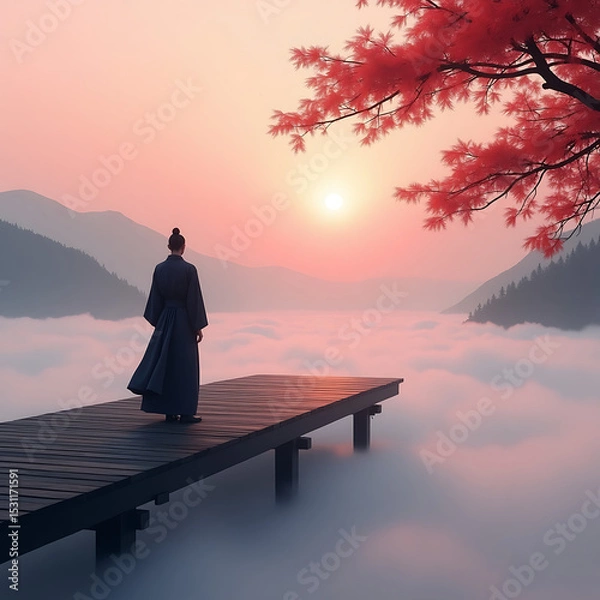 Obraz man sitting on bench at sunset