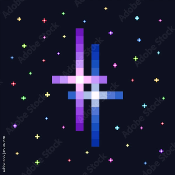 Fototapeta Pixel art purple and blue double star. Star, glitter, sparkles. Pixelated starry sky sign. Space shining object. Videogame icon. 8 bit retro style vector illustration